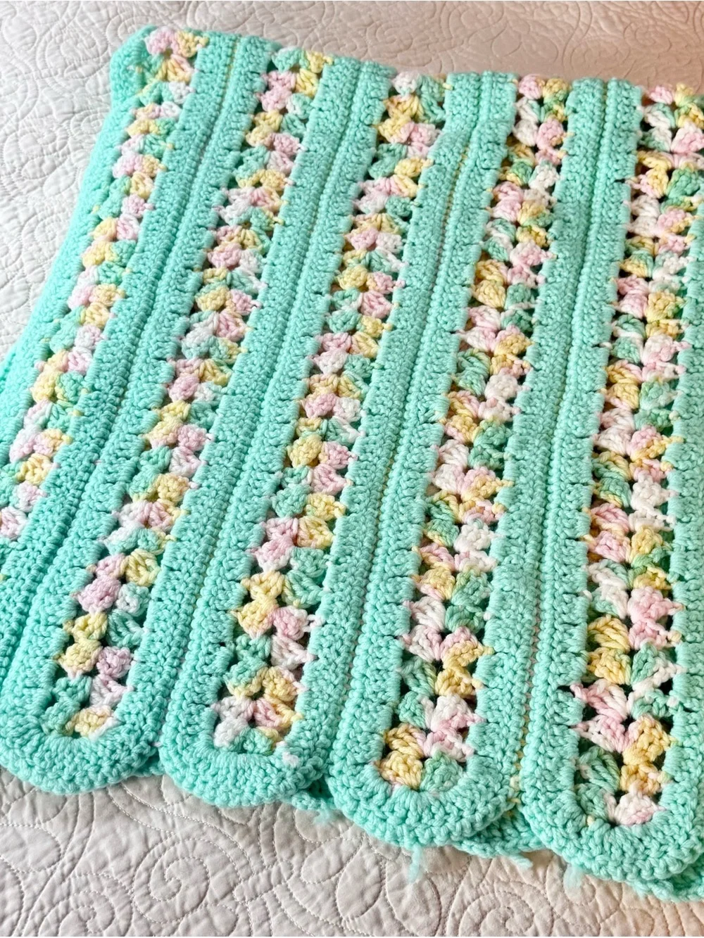 Vintage handmade crocheted afghan blanket mint green pink yellow stripe